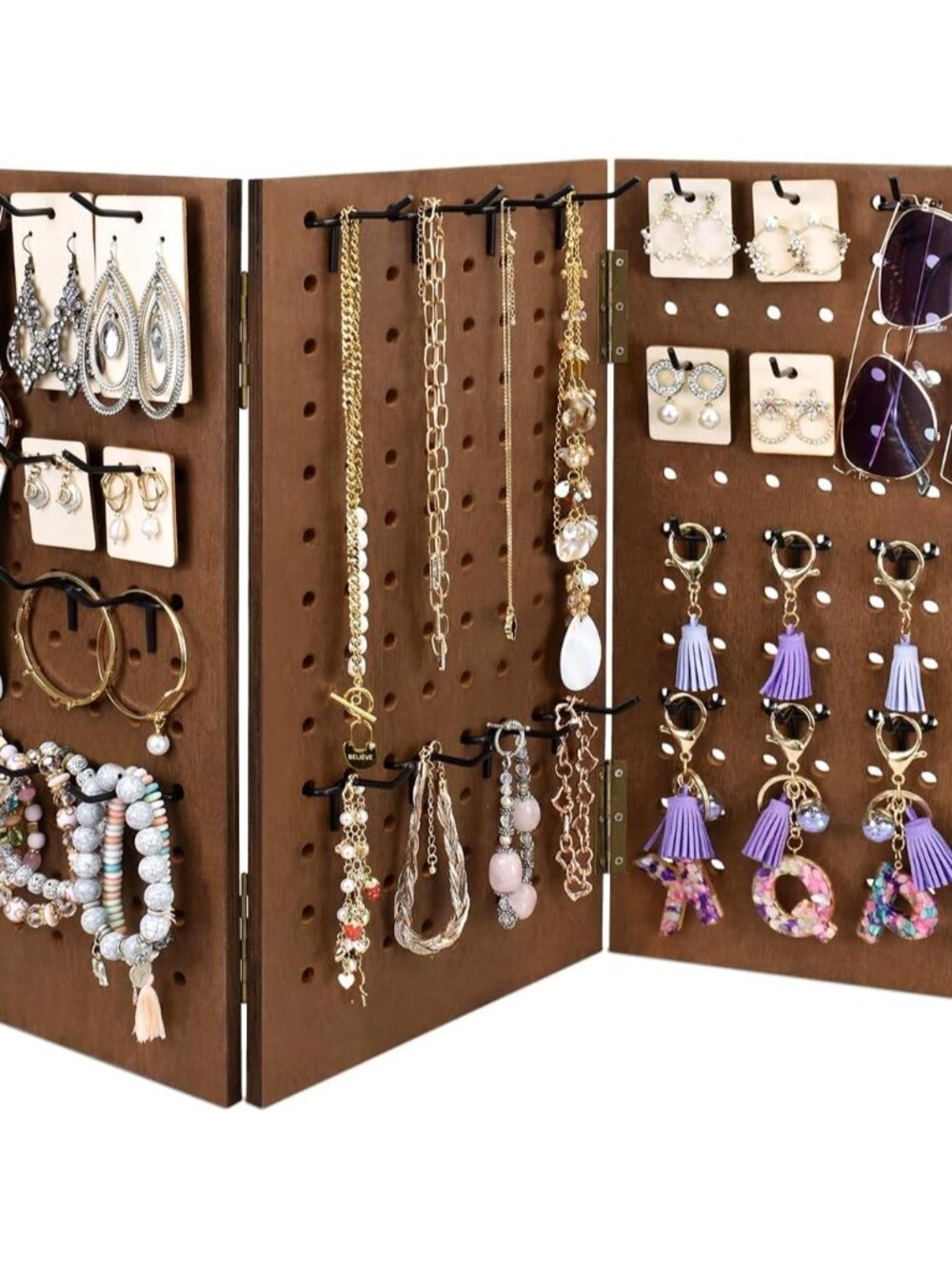 3-Panel Wooden Pegboard Jewelry Display Organizer with 48 Hooks